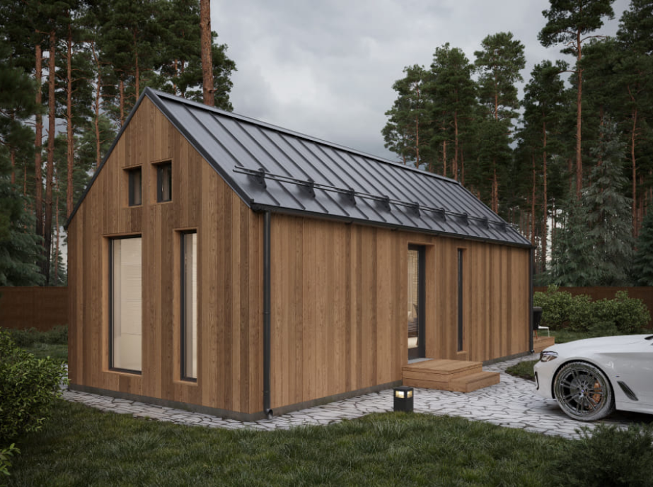 Maison modulaire à ossature et panneaux avec terrasse de 38 m²