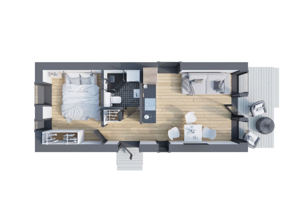 Maison modulaire à ossature et panneaux avec terrasse de 38 m²